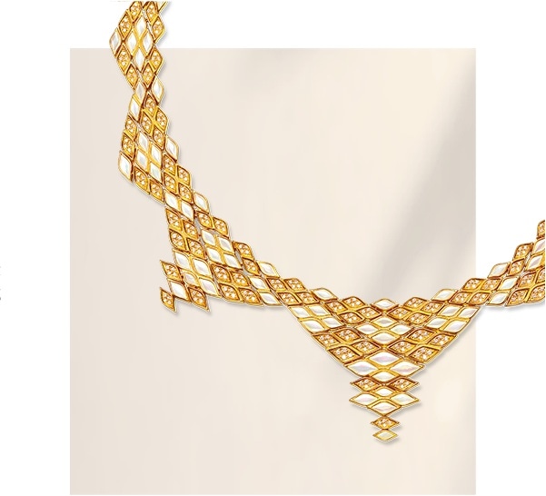 YuYu: a necklace of interlocking marquise-shaped gold links with diamonds and mother-of-pearl