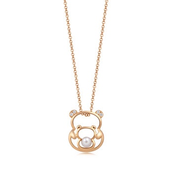 18K Red Gold Akoya Pearl Bear Necklace